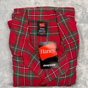 Hanes Pajama Set Mens Medium Red Plaid Flannel Long Sleeve 2pc Sleepwear 4159S7